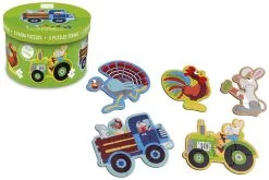 DAM Scratch Puzzle: BEGINNERSPUZZELS - FARM Ca. 13-19cm, Mit 5 Puzzles 3-4-5-6-8 Teile, In Karton, In Box Diam.18xH12cm, 2+