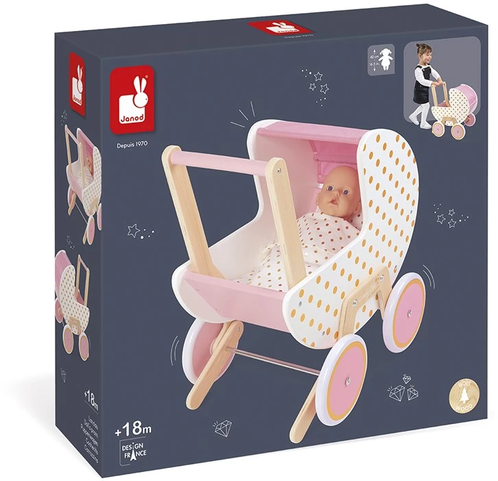 Janod J05886 Candy Chic-Kinderwagen Aus Holz Für Puppen Und Babys Bis 42 Cm-Silent Wheels-Anti-Tip-System-Decke Und Kissen Mitgeliefert-Puppenzubehör-Ab 18 Monaten 2 Janod J05886 Candy Chic-Kinderwagen Aus Holz Für Puppen Und Babys Bis 42 Cm-Silent Wheels-Anti-Tip-System-Decke Und Kissen Mitgeliefert-Puppenzubehör-Ab 18 Monaten – Bild 2