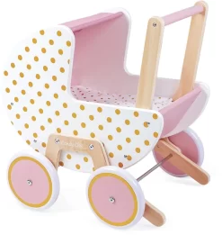 Janod J05886 Candy Chic-Kinderwagen Aus Holz Für Puppen Und Babys Bis 42 Cm-Silent Wheels-Anti-Tip-System-Decke Und Kissen Mitgeliefert-Puppenzubehör-Ab 18 Monaten