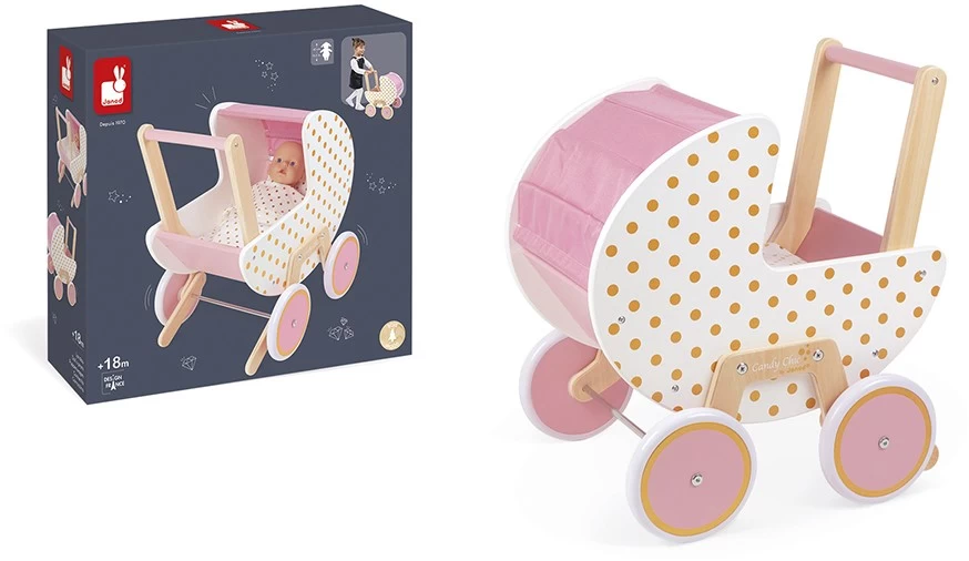 Janod J05886 Candy Chic-Kinderwagen Aus Holz Für Puppen Und Babys Bis 42 Cm-Silent Wheels-Anti-Tip-System-Decke Und Kissen Mitgeliefert-Puppenzubehör-Ab 18 Monaten 3 Janod J05886 Candy Chic-Kinderwagen Aus Holz Für Puppen Und Babys Bis 42 Cm-Silent Wheels-Anti-Tip-System-Decke Und Kissen Mitgeliefert-Puppenzubehör-Ab 18 Monaten – Bild 3